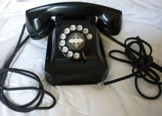 Vintage Black Bakelite Art Deco Rotary Desk Phone Toscano Model Work Certificate