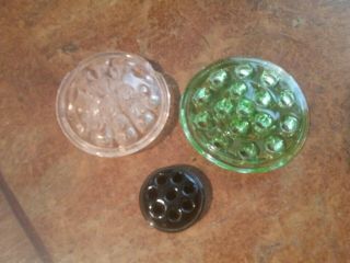 Set Of 3 Vintage Mixed Dome Pink,  Lg Green & Black Glass Flower Frogs