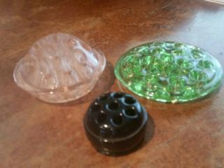 Set of 3 Vintage Mixed Dome Pink,  LG Green & Black Glass Flower Frogs 2