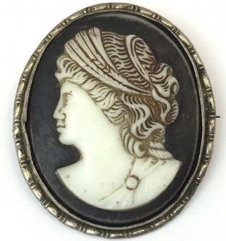 Antique Art Deco Cameo Brooch Molded Glass Black And White Cameo Jewelry Pin