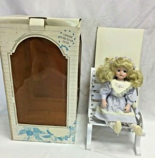 Vintage Adorable Memories Porcelain Doll 12 " With Wooden Chair - New/old Stock A5
