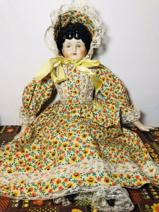 Vintage Antique Victorian Porcelain China Doll Yellow Floral Dress Bonnet
