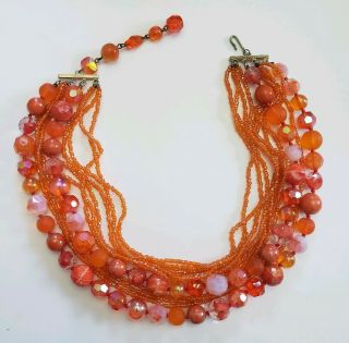 Vintage Multi - Strand Faceted Glass Bead Necklace Orange Jewelry