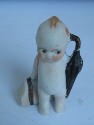 Vintage Bisque Kewpie Figure Traveler Carrying A Suitcase And Umbrella 2 3/8 "