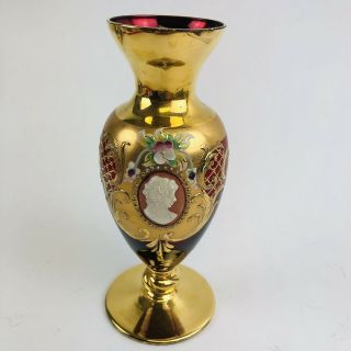 Vintage Antique Moser Bohemian Heavy Gold Gilt Hand Painted Glass Vase W/ Cameo