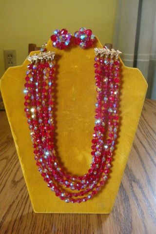 Vintage Castlecliff 5 - Strand Ab Red Crystal Necklace And Earrings