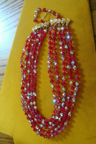 Vintage CASTLECLIFF 5 - Strand AB Red Crystal Necklace and Earrings 4