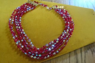 Vintage CASTLECLIFF 5 - Strand AB Red Crystal Necklace and Earrings 7