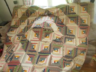 Antique Vintage Log Cabin Quilt For Repair Cotton Hand Pieced & Stitched 4086