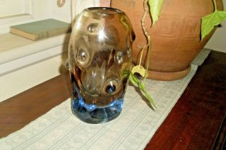 Large Heavy Chunky Blue & Brown Vintage Retro 60s Art Glass Vase