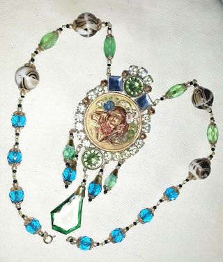 Old Vintage Art Nouveau Hand Painted Mucha Lady Cameo Necklace