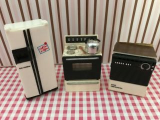 3 Vintage Acme Refrigerator Magnets Miniature Toys Kitchen Stove Frig Dishwasher