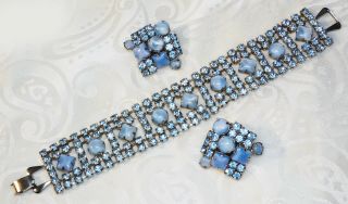 Vintage Jewelry Set Bracelet Earrings Blue Glass Faux Moonstone Rhinestones Wrap