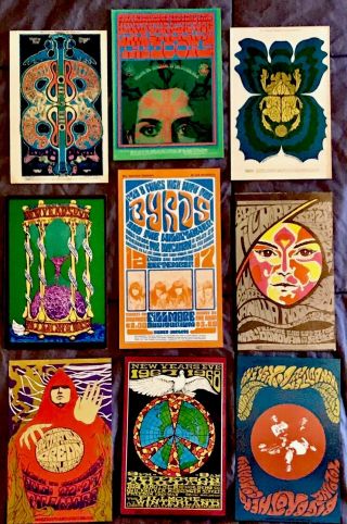 (9) Bill Graham Vintage 1960’s Authentic Psychedelic Postcards -