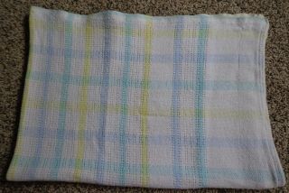 Vtg Beacon Baby Blanket Cotton Pastel Plaid Open Weave Usa 58 Blue Greey Yellowm