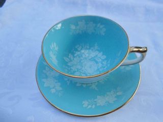 Vintage Aynsley Turquoise Blue & White Roses Tea Cup & Saucer 2245