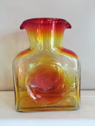 Vintage Blenko Art Glass Tangerine Amberina Double Spout Pitcher Jug Bottle