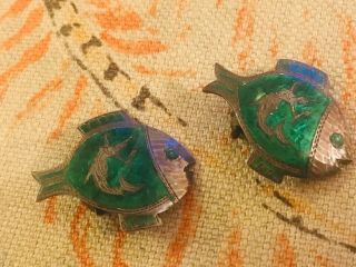 Vtg Siam Sterling Silver And Green Enamel Fish Clip On Earrings From Estate