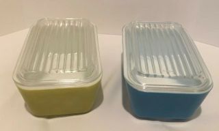 Vintage Pyrex Blue And Green Refrigerator Bowl With Lids