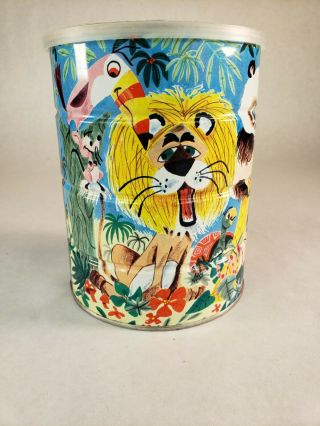 Vintage Folger ' s Tin Coffee Can Jungle Animals Zoo Pink Elephant Lion Monkeys 4