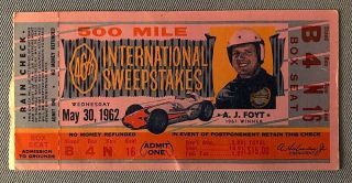 Vintage 1962 46th International Indy 500 A.  J.  Foyt Photo Ticket Stub 2