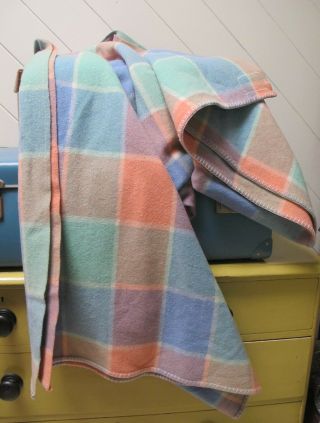 Blanket Pure Wool Check Plaid Pastel 70s Vintage Single Bed Retro Tartan Caravan