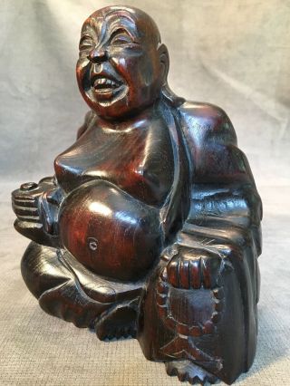 Vintage Hand - Carved Wood Laughing Buddha Statue Figure Sculpture