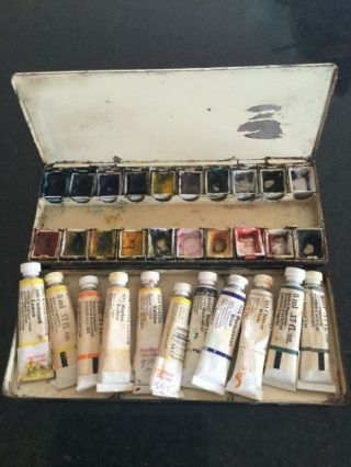 Travel Antique / Vintage Winsor & Newton Watercolour Metal Paint Box And Paints