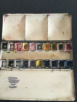 Travel Antique / Vintage Winsor & Newton Watercolour metal Paint Box and paints 3