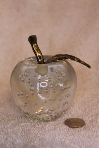Vintage CLEAR GLASS APPLE PAPERWEIGHT CONTROLLED BUBBLES 3 