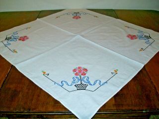 Vintage Cotton Embroidered Tablecloth W/pink Topiary & Blue Ribbon (a - 1)