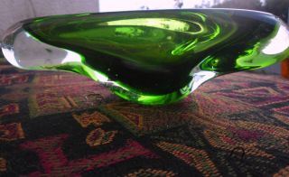 Vintage Murano Unusual Shape Art Glass Bowl Green Biomorphic Dish 8 " X4.  5 X 2.  3/4