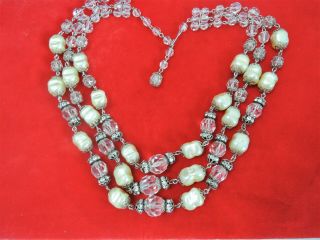 Dramatic Vintage Triple Strand Glass Baroque Pearl Crystal Rhinestone Necklace