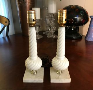 Vintage Matching Spiral Bulb Milk Glass Table Lamps With Marble Bases