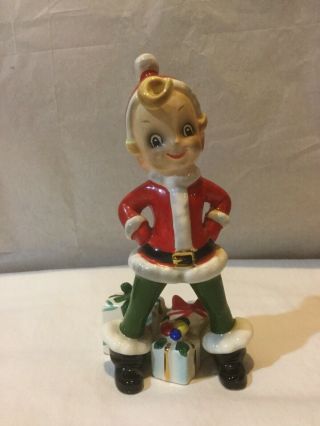 Vintage Josef Originals Pixie Elf Santa Figurine,  Christmas Holiday Sprite 6.  5”