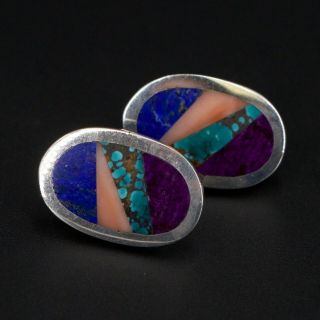 Vtg Sterling Silver - Navajo Signed Lapis Turquoise Sugilite Post Earrings - 9g