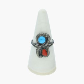 Navajo / Sterling Silver Vintage Turquoise & Coral Feather / Ring 7.  75 (3.  4g)