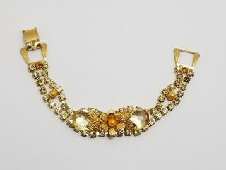Vintage Unsigned Gold Tone Flower Faux Pearl Yellow Rhinestone Bracelet 7 "
