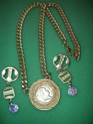 Vintage Goldtone Unique Napoleon Coin Pendant Necklace/earrings Set -