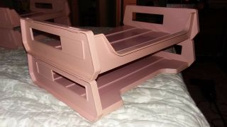 2 Vintage Pink Dusty Rose Rogers Stacking Plastic Letter File Tray In Out Box