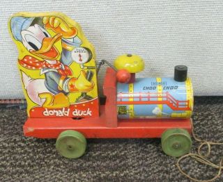 Vintage Fisher Price Wood 450 Donald Duck Choo - Choo Train Pull Toy Walt Disney