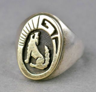 Vtg Sterling Silver 14k Gold Overlay Navajo Indian Leah Cleveland Wolf Ring 21