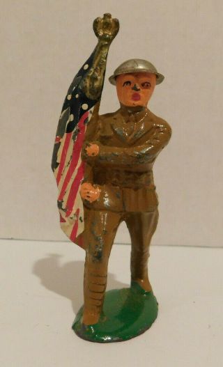 Vintage Wwi Doughboy Soldier Color Guard Flag Bearer Die - Cast Metal Toy