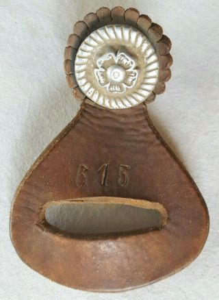 Vtg Tie Strap / Girth Holder - Brown Leather - Metal Flower Decor - Stamped 615 - Saddle