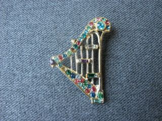 Vintage Cute Colors Rhinestones Filigree Golden Metal Harp Pin Brooch