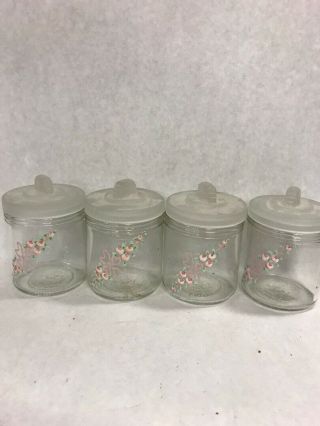 4 Glass Hand Painted Jars Frosted Lids Vintage Condiments Storage 107082