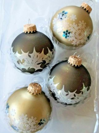 4 Vtg Christmas Krebs Ornaments Glass Green & Gold Satin Holly Snowflake Glitter