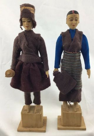 Vintage Pair 7.  5” Man Woman Hand Carved Wood Tibetan Dolls 7 1/2 " Prayer Wheel