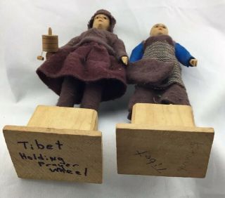 Vintage Pair 7.  5” Man Woman Hand Carved Wood Tibetan Dolls 7 1/2 