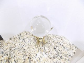 Vintage Clear Crystal Sphere Ball 4 " With Vintage Modernist Brass Stand